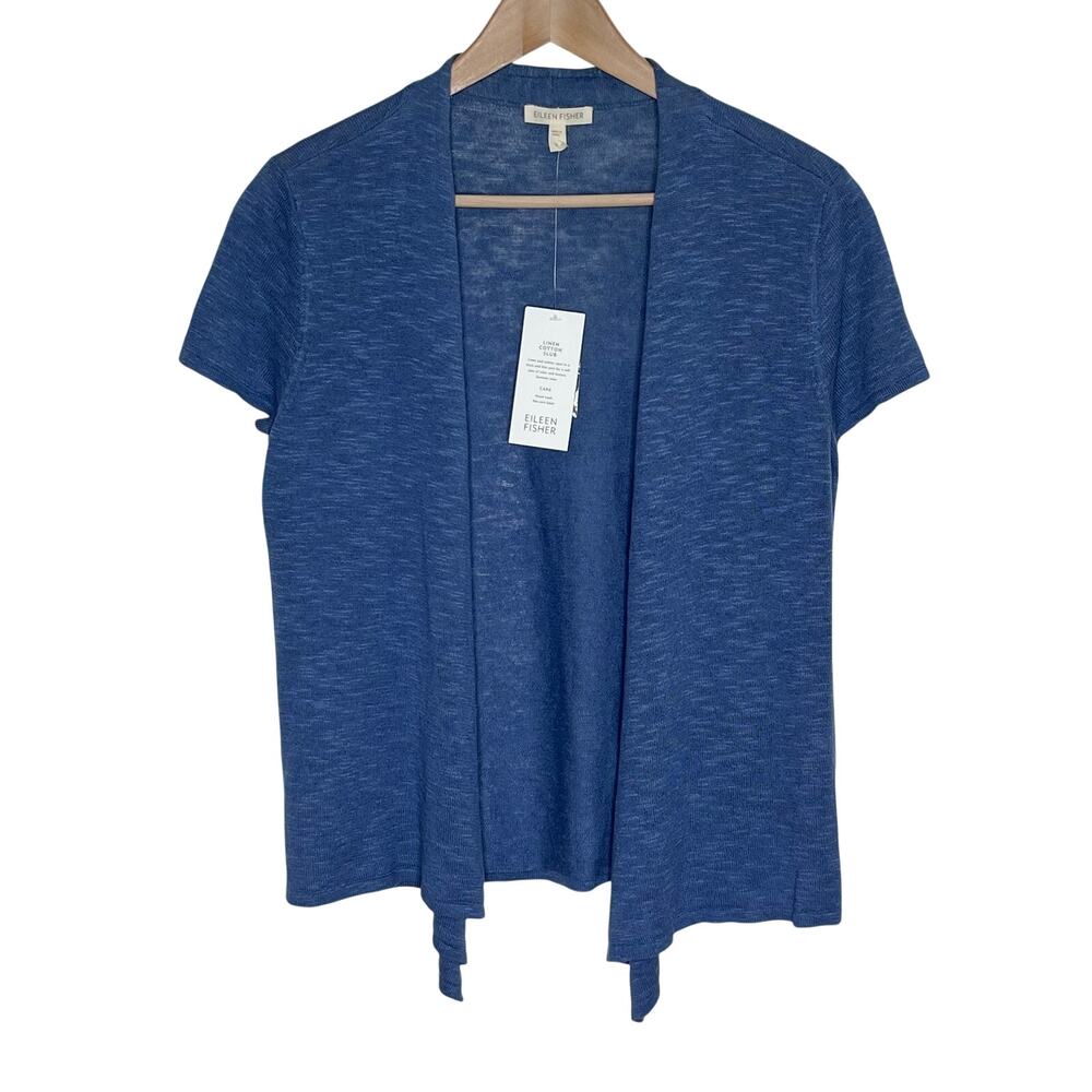 Eileen Fisher Blue Open-Front Short-Sleeve Cardigan, NWT